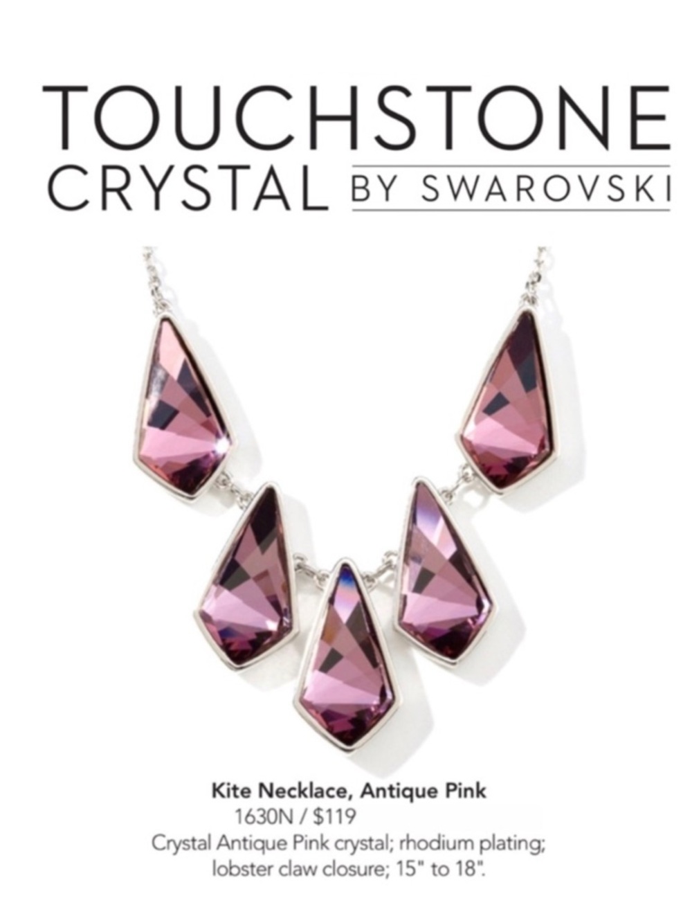 Touchstone Crystal Antique Pink Faceted Kite Necklace $119 RT value BNIB